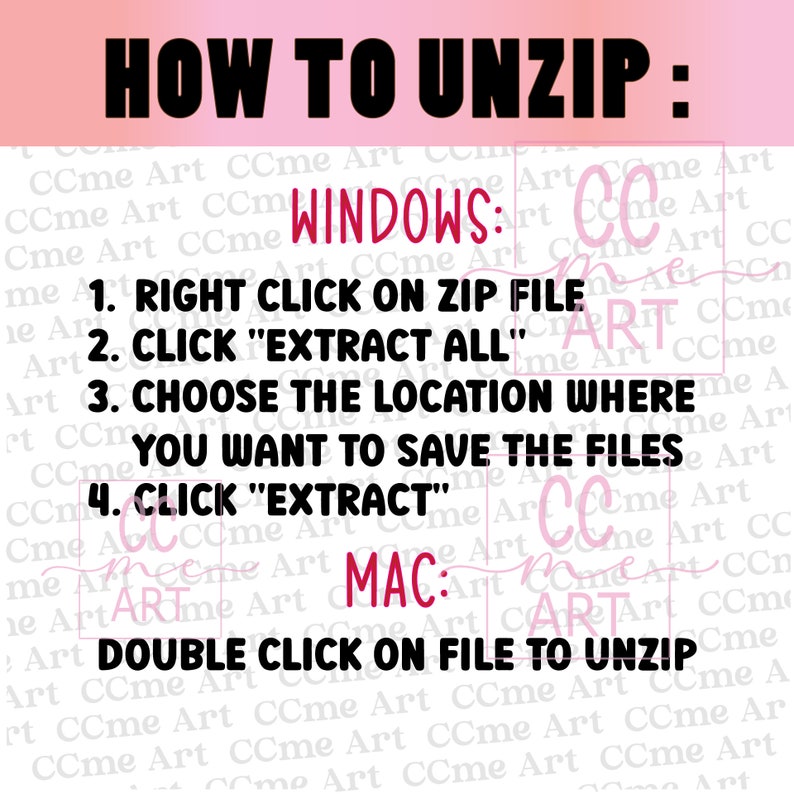 Pu&ograve; includere: Grafica rosa e bianca con il testo "HOW TO UNZIP:" e istruzioni su come decomprimere i file su computer Windows e Mac. Le istruzioni includono "RIGHT CLICK ON ZIP FILE", "CLICK "EXTRACT ALL"", "CHOOSE THE LOCATION WHERE YOU WANT TO SAVE THE FILES", "CLICK "EXTRACT"", "DOUBLE CLICK ON FILE TO UNZIP".