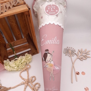 Cône d'école ballerine avec jupe en tulle 3D | Cône d'école pour filles | Cône d'école en tissu à motif floral | Vieux rose | Beige/blanc