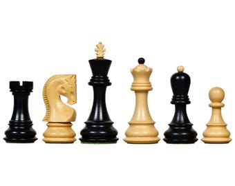 Drewniane figury szachowe firmy Chess By India, 3,5 cala, rosyjska seria Zagrzeb (reprodukcja z 1959 r.) – wykonane z bukszpanu i pokryte czarną hebanową powłoką (bez szachownicy)
