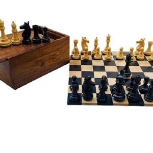 Exclusive Combo Meghdoot 3.25&quot; Ebony wood Pieces with Rollup Ebony wood Chess Board and Storage Box