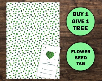 Tree Planting Recycled Wrapping Paper & Flower Seed Gift Tag. Eco Friendly Wrapping Paper - Nature Themed + Eco Gift Wrap. Zero Waste Gifts.