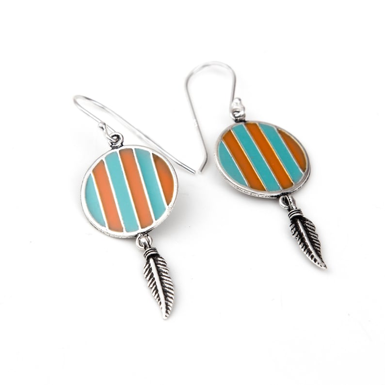Ethnic Red Indian round disc earring hand enamelled Exclusive gift for her Hook fitting All 925 Silver with drop feather design