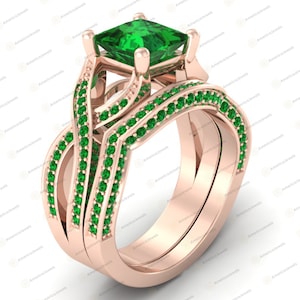 Green Emerald Bridal Ring Set: Twisted Shank Solid 925 Sterling Silver Wedding Ring