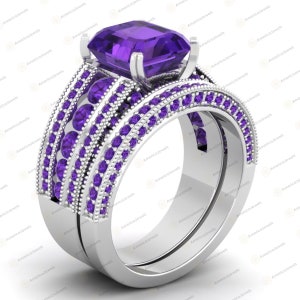 Emerald Cut Purple Sapphire Bridal Ring Set, Solid 925 Sterling Silver Matching Wedding Band