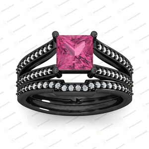 Pink Sapphire Engagement Wedding Ring Set: Princess Cut 925 Sterling Silver Split Shank Band