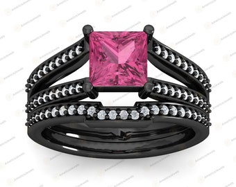 Wedding Band Engagement Ring Set 2.35Ct Princess Cut Pink Sapphire Bridal Ring Set 925 Sterling Silver Black or White or Yellow Gold Over