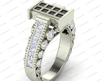 Doctor Who Engagement Ring: 2.80Ct Black & White Princess Cut CZ, 925 Sterling Silver