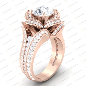 Floral Engagement Ring: 3.00Ct Round Cut White Diamond, 925 Sterling Silver Lotus Ring