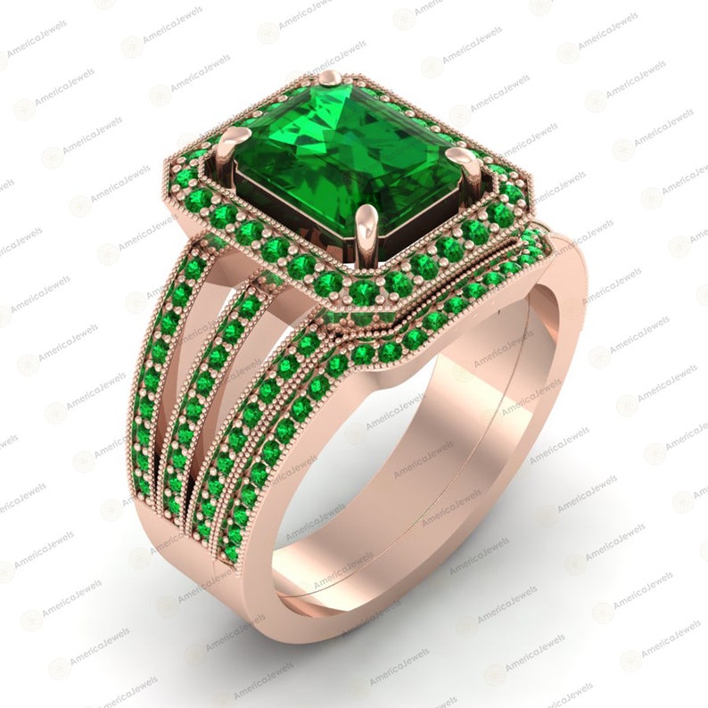 Engagement Ring & Wedding Band Set 3.20Ct Green Emerald Cut Bridal Ring with Band Set 925 Sterling Silver Black or Rose Gold Plated Ring Set Rose gold