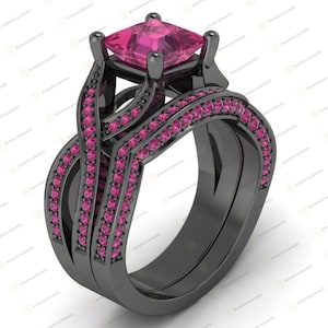 Bridal Ring Set 3.20Ct Princess Cut Pink Sapphire Twisted Shank Engagement Wedding Ring Set 925 Sterling Silver Black or Rose Gold Plating