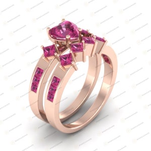 Heart Cut Pink Sapphire Engagement Wedding Ring Set: Solid 925 Sterling Silver