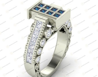 Blue & White Princess Cut CZ Engagement Ring: 925 Sterling Silver Doctor Who Wedding Ring