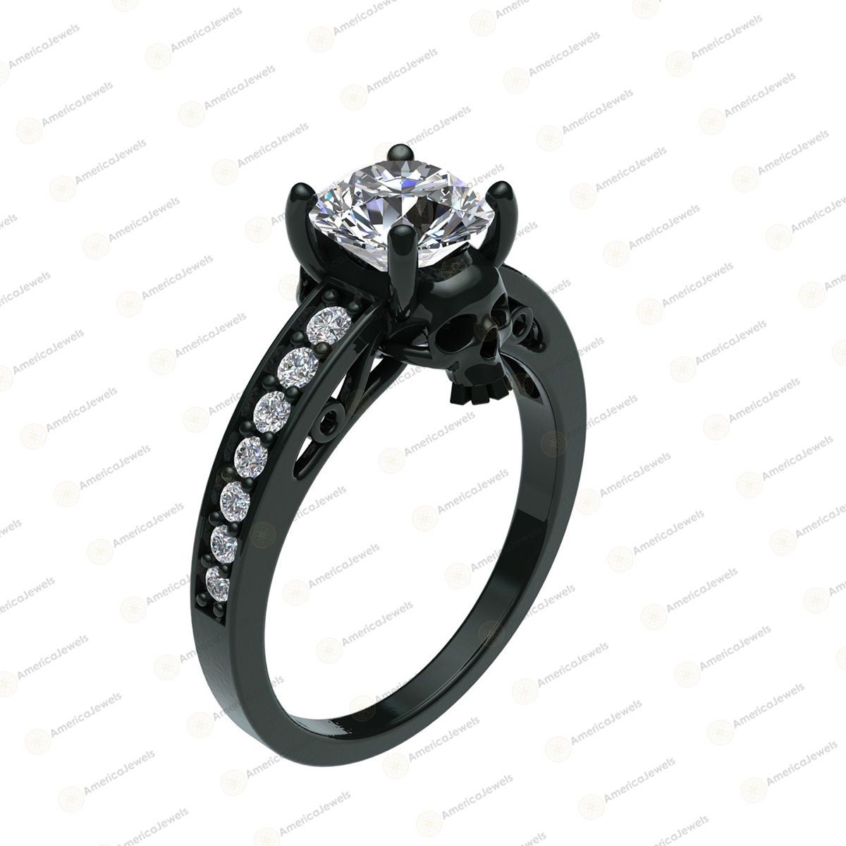 Gothic Engagement Ring 2.40ct Round Cut White Diamond Two Skull Promise