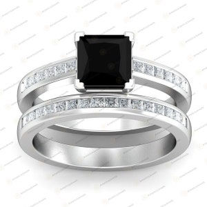 Princess Cut Black Diamond Solid 925 Sterling Silver Engagement Wedding Ring Set