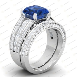 3.30Ct Emerald Cut Blue Sapphire Solid 925 Sterling Silver Engagement Wedding Ring Set