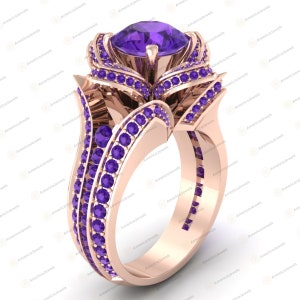 Lotus Flower Engagement Ring: 3.00Ct Round Cut Purple Sapphire, Solid 925 Sterling Silver