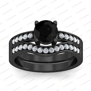 Black Diamond Engagement Ring Set: 2.25Ct Round Cut Stone, Solid 925 Sterling Silver