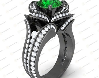 Lotus Green Emerald Engagement Ring: Black Gold Finish Sterling Silver Floral Ring