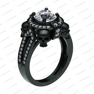 Gothic Skull Verlobungsring: 2.85Ct weißer Diamant im Rundschliff, Massiv 925 Sterlingsilber