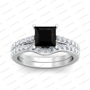 Black Diamond Princess Cut Bridal Ring Set: Solid 925 Sterling Silver Curved Wedding Band