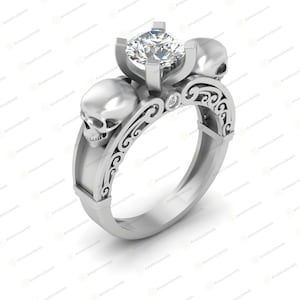 Gothic Skull Verlobungsring: 2.20Ct Rundschliff Weißer Saphir, massives Sterling Silber