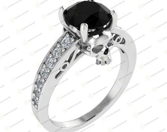 Two Skull Engagement Ring 2.40Ct Round Cut Black Moissanite Gothic Wedding Ring 925 Sterling Silver with White or Black or Rose Gold Plating