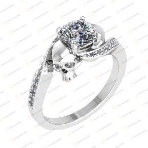 Gothic Wedding Ring 2.25Ct Cushion Cut White Diamond Two Skull Engagement Ring 925 Sterling Silver with White or Black or Rose Gold Plating