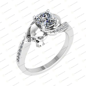 Alliance gothique bague de fiançailles deux têtes de mort diamant blanc taille coussin de 2,25 carats en argent sterling 925 avec placage or blanc, noir ou rose