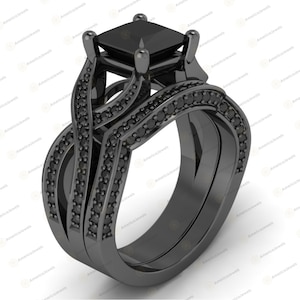 Engagement Wedding Ring Set 3.20Ct Princess Black Diamond Twisted Shank Bridal Ring Set 925 Sterling Silver Black or White or Rose Gold Over