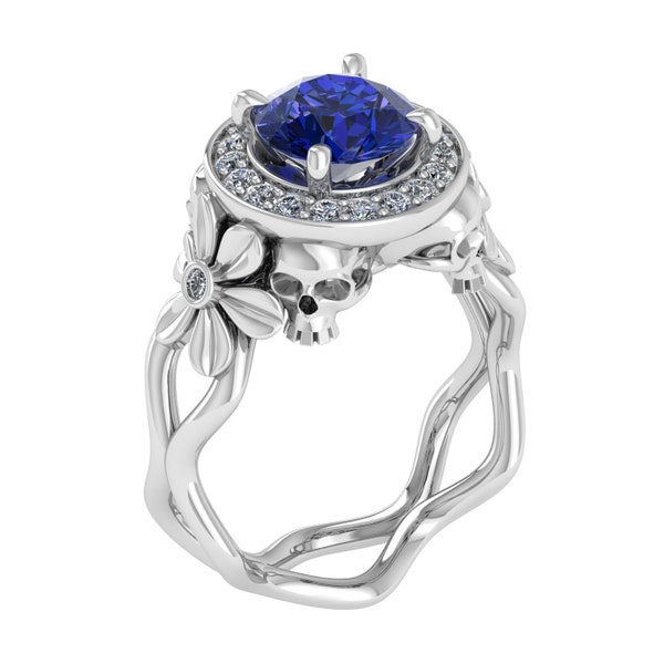 Four Skull Floral Engagement Ring 2.60Ct Round Blue Sapphire Gothic Bridal Ring 925 Sterling Silver with White or Black or Rose Gold Plated