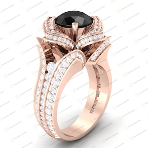 Round Cut Black Simulated Diamond Floral Lotus Engagement Ring: Solid 925 Sterling Silver