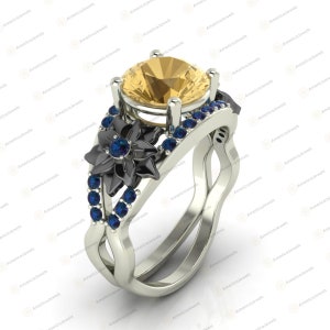 3.20Ct Round Cut Yellow Citrine & Blue Sapphire Floral Engagement Ring Solid 925 Sterling Silver with White or Black or Rose Gold Plating