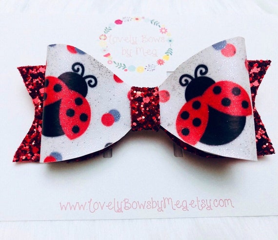 ladybird glitter 4/" bow clip red black silver Girls Handmade ladybug