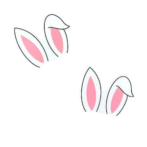 May include: Two white bunny ears with pink insides. The ears are cut out of paper and are a simple design.