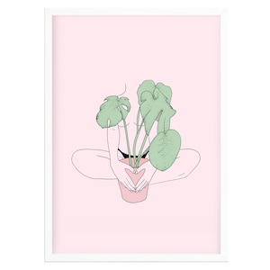 Peut inclure: Dessin au trait d'une personne assise, les jambes croisées, tenant une plante en pot avec des feuilles vertes. Le fond est rose.