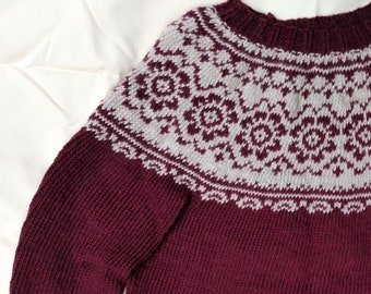 Women's Hand Knitted Deep Red and Oatmeal Fair Isle Sweater