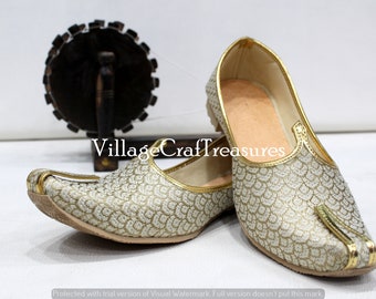 Mens Cream Gold Handmade Shoes Sherwani Shoes Achkan Shoes Etnic Mojri Khussa Jutti