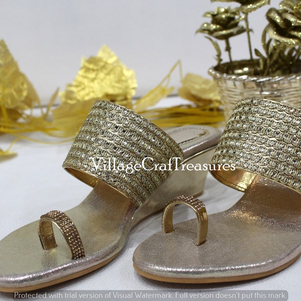 Gold Ethic Sandal Traditional Shoes Handmade Shoes Wedge Heel Sandal Ladies Shoes Indian Sandal