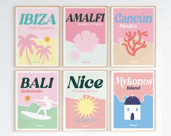 Conjunto de 6 pôsteres de viagem / Parede de galeria / Arte de parede colorida / Downloads digitais / Pôster de Ibiza / Pôster de Amalfi / Arte de Mykonos / Decoração de casa