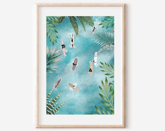 Tropical Surfers Ocean Art Print, Boho Home Decor