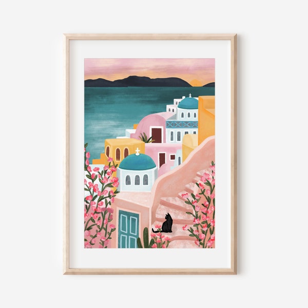 Santorini print / Greek wall art / Travel print / Boho wall art / Pink print / Home decor / Wall art / Floral print / Beach print