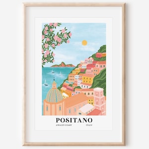 Puede incluir: Una ilustraci&oacute;n colorida de Positano, Italia, en la costa de Amalfi. La imagen presenta una ciudad construida en una ladera con edificios coloridos, una iglesia con una c&uacute;pula y un mar azul con barcos. El cielo es azul con un sol amarillo y flores rosas.