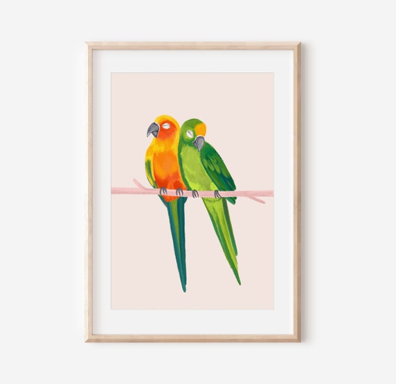 Parrot print / Conure art poster / Love birds / Parrot poster / Charity donation to parrot rescue / Home decor / Boho wall art /Home decor