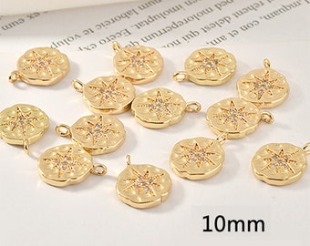 6PCS Nickel-free Real Gold Plated Brass Dainty Compass Charm With Cubic Zirconia,10mm Star Coin Charm, Jewelry Making,diy Material