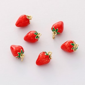 6pcs Real Gold Plated Enamel Strawberry Charm Pendant ,Fruit Charm,Enamel Charm,Garden Charm,Sweet Charm,Diy Charm,Jewelry Suppies