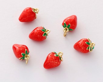 Conjunto de 6 pingentes de morango esmaltados e banhados a ouro, pingentes de frutas, pingentes esmaltados, pingentes de jardim, pingentes doces, pingentes para artesanato, materiais para bijuterias.