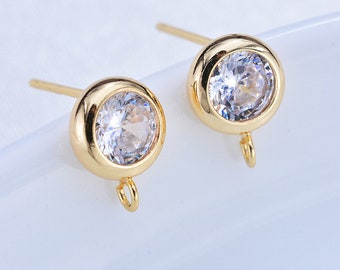 10PCS Real Gold Plated Round zircon Earrings, Geometric Earring Attachment, Round Post Earring, Jewelry Making, Material Craft Supplies