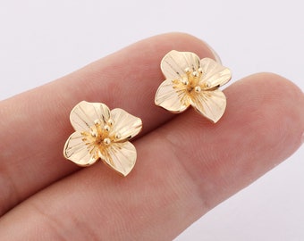 6pcs Real Gold Plated Flower Earrings, Floral Earrings Stud,Flower Post Earrings, Earring Attachment, Jewelry Accessories