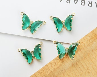 6pcs Real Gold Plated Butterfly Charm, Glass Butterfly Pendant, Zircon Butterfly Charm,Jewelry Accessories, Nickel Free,high-quality