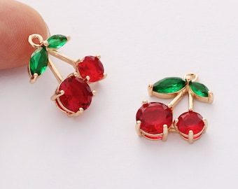 10pcs gold cherry charm,glass cherry pendant, fruit, food, handmade jewelry making,Jewelry material